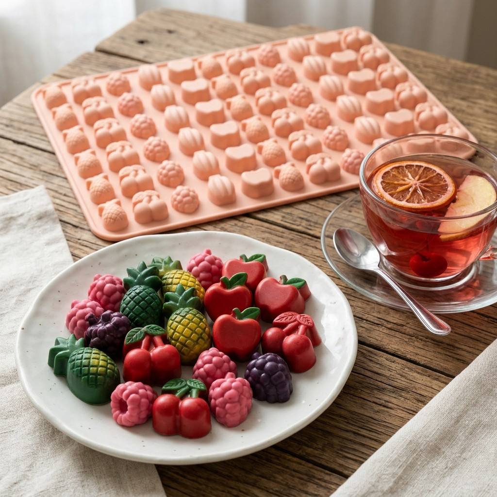 Gummy Candy - แม่พิมพ์ผลไม้แบบกัมมี่, แม่พิมพ์ซิลิโคนเกรดอาหารปลอดสาร BPA, แม่พิมพ์ขนมช็อกโกแลต รูปทรงเชอร์รี่ องุ่น