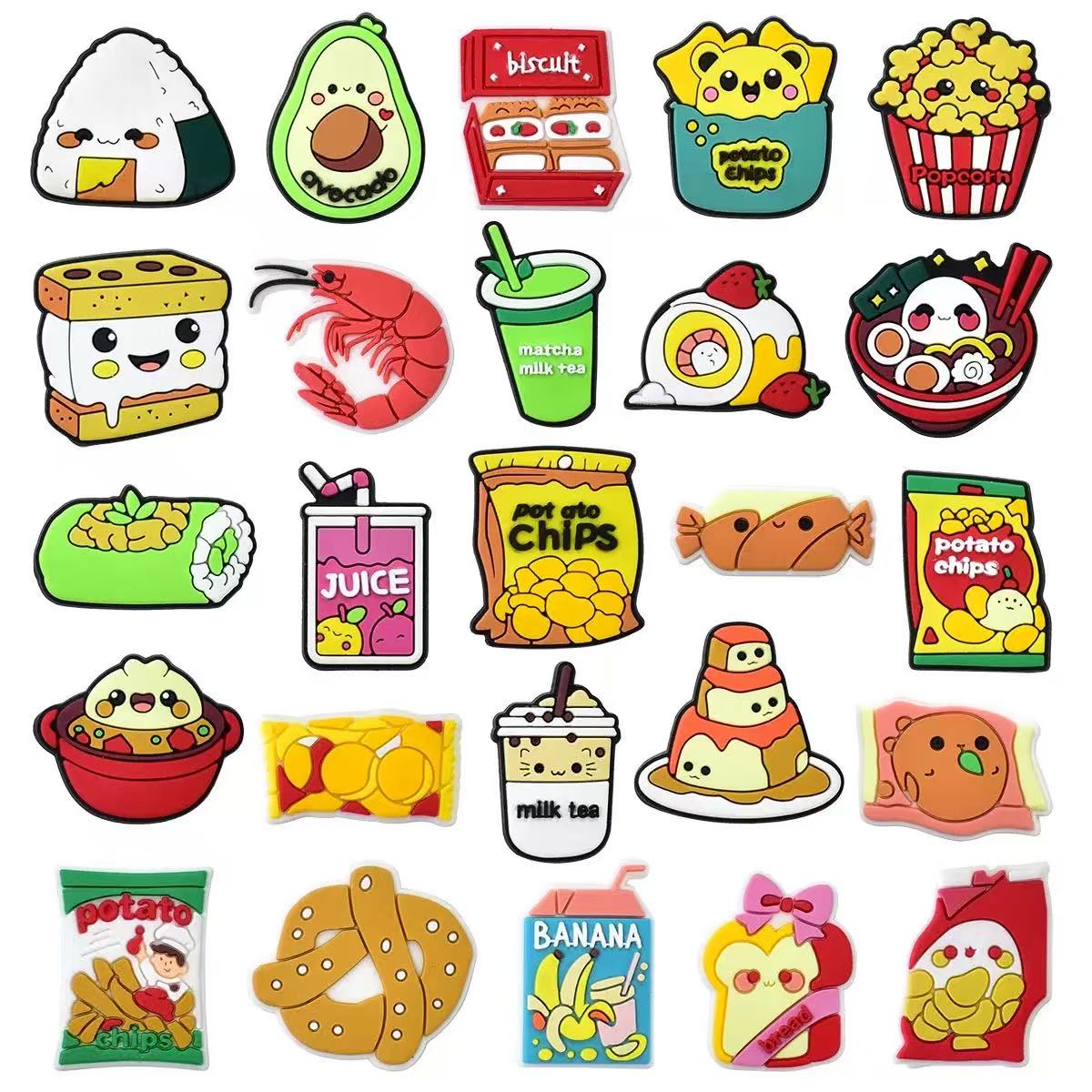 Food Snacks Drinks - ชุดเครื่องประดับรองเท้าลายอาหารหลากหลาย 25-100 ชิ้น, ดีไซน์น่ารักลายเครื่องดื่มและขนม, ทำจาก PVC,